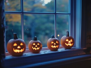 Cuatro calabazas talladas con luces en el alféizar de una ventana al anochecer de Halloween, creando un ambiente festivo y acogedor de otoño