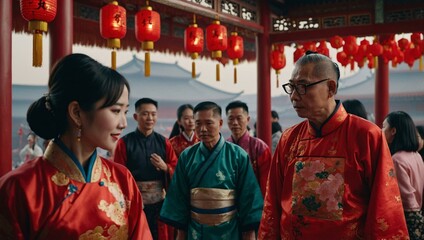 Traditional Chinese New Year celebration with costumes and red decor.