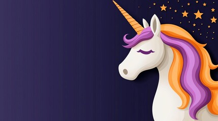 Cute unicorn with purple and orange mane against a dark blue background with stars.