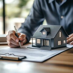 A person is signing a real estate agreement while seated at a wooden desk