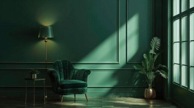Modern luxury living room interior with dark green theme AI generated image