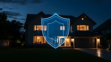 Blue hologram shield protect modern house at night. Security systems	