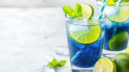 Fototapeta premium Refreshing blue cocktail with lime slices and mint leaves served over ice, perfect for summer gatherings and parties