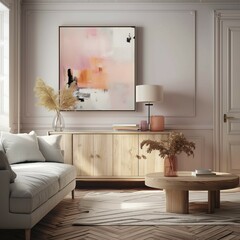 Lovely modern living room interior design with comfortable sofa,wooden table and cabinet drawer