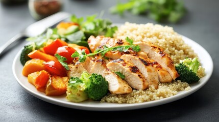 A plate of grilled chicken with steamed vegetables and quinoa, arranged neatly for a healthy meal concept.