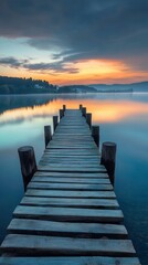 Fototapeta premium Wooden pier extending into tranquil lake during
