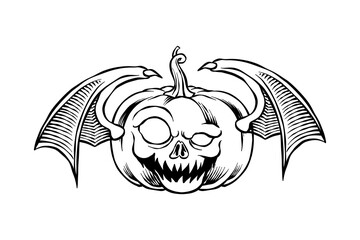 hand drawn black and white illustration of winged pumpkin