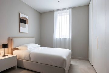 Fototapeta premium A minimalist modernized white decorated single bedroom design