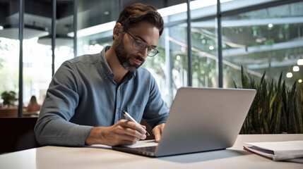 A man is writing in his notebook while sitting at a table with an open laptop in front of him, looking focused and confident.