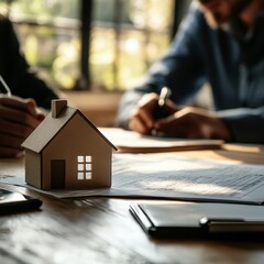 A person is signing a real estate agreement while seated at a wooden desk