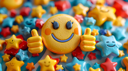Obraz premium Smiley face surrounded by positive symbols, thumbs-up gestures, stars, and happy emoticons Feedback rating and customer satisfaction, positive experiences and reviews 