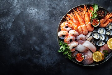 Fresh seafood platter with shrimp, mussels, and fish fillets on a black background.
