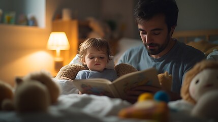Fototapeta premium A peaceful bedtime moment, a parent reading a story to a child tucked into bed, warm light from a bedside lamp casting soft shadows, plush toys arranged around the bed,