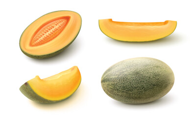 3D melon slices set isolated on white background. Vector realistic illustration of cantaloupe berry and ripe pieces, sweet juicy fruit for healthy dessert, organic farming harvest, natural exotic food