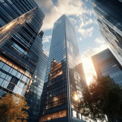 Fototapeta premium Modern skyscrapers reflecting sunlight at dusk in a bustling urban cityscape with vibrant clouds