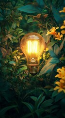 Glowing light bulb amidst lush green foliage