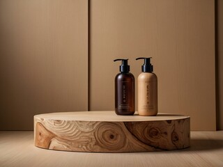 Wood podium on beige background for cosmetic product display.