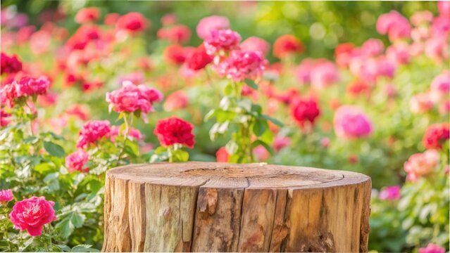Empty old tree stump table top with blur rose garden background for product display