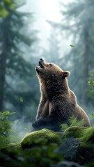 Obraz premium A bear roaring in a misty forest, its powerful presence dominating the scene.