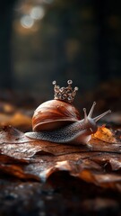 A snail with a sparkling crown moving majestically across a leaf.