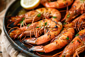 Fried shrimp with lemon and herbs, close-up