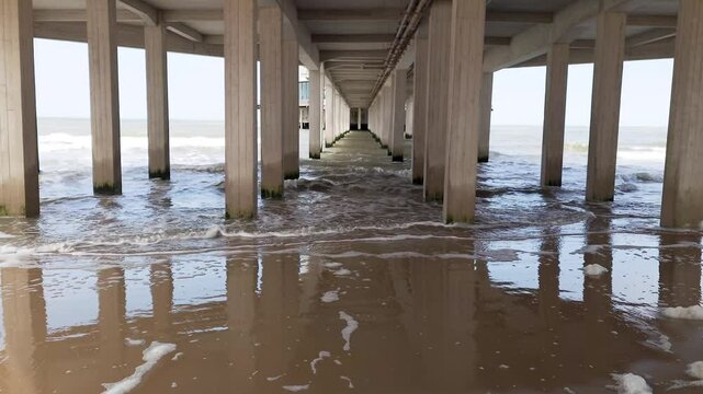 View under a long concrete pier with pillars standing in the water. The Pier of Blankenberge in Belgium