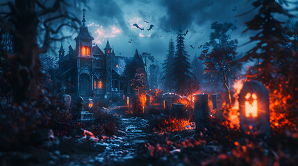 Spooky Halloween in the haunted forest graveyard with bats and scary trees. Happy Halloween Background