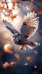 Obraz premium An owl hunting in twilight, with keen eyes focused and wings outstretched, navigating a dusky, moonlit landscape.