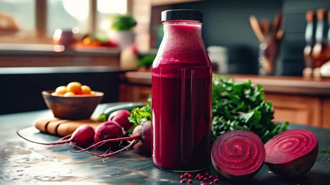 Making fresh beet juice in a rustic kitchen with organic ingredients and colorful vegetables