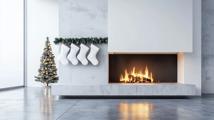 A sleek modern fireplace with a simple row of white stockings hanging above isolated background 50 keywords