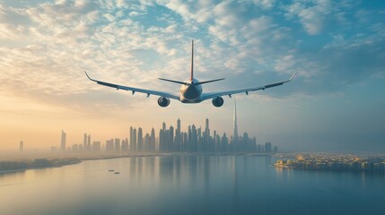 a plane carrying a banner with the Dubai city, skyline behind, realistic