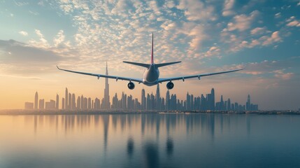 a plane carrying a banner with the Dubai city, skyline behind, realistic