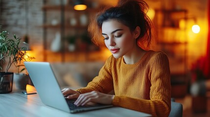 A coding session in a modern office, with a woman typing on her laptop, lines of code filling the screen, the minimalist desk and soft lighting enhancing the concentration and focus in the workspace.