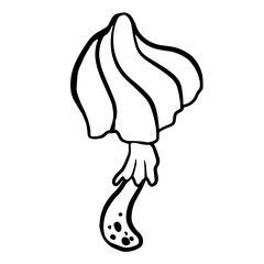 beautiful fairy mushroom with swirling cap and skirt doodle illustration isolated on white for children's story, poster, banner, souvenirs, t-shirt, card design.