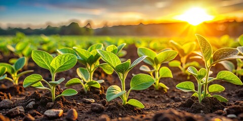 Soybean seedlings flourishing in a sunlit field post-rainfall