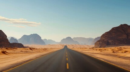 A scenic desert road stretching into the distance, flanked by sand dunes and rocky outcrops under a clear sky.