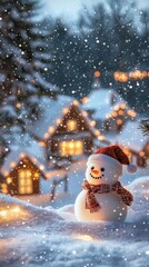A snowy Christmas village with cozy cottages softly lit windows and a snowman 