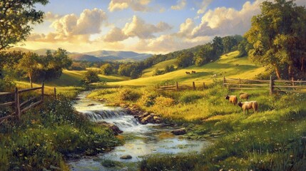 A scenic painting of a gentle stream flowing through a countryside landscape, with rolling hills and grazing animals.