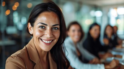 Confident businesswoman leading a team meeting, depicted in a professional setting with a plain background