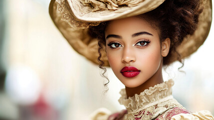 Beautiful Black woman in a Victorian hat with red lips, captured in a close-up portrait. Detailed facial features, brown eyes, and an ornate dress against a clean white background.