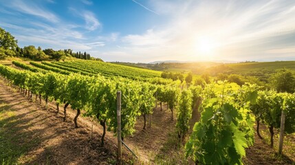 A scenic vineyard with rows of grapevines under a clear cerulean sky, with the sun casting gentle light on the lush green leaves.
