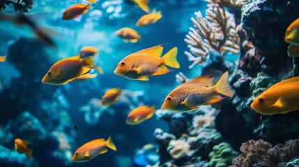 Fototapeta premium A school of bright tropical fish swimming near a coral reef, with various shapes and colors creating a stunning underwater view.