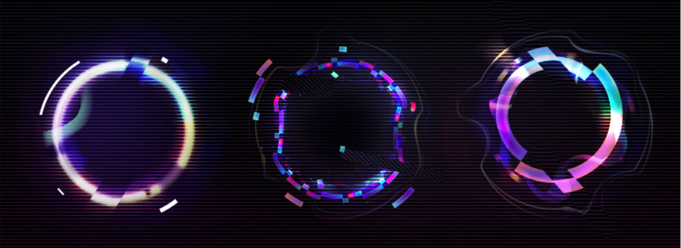 Neon glitch effect circle. Digital ring frame with cyber light. Futuristic broken pixel and noise graphic border. Minimal dynamic holographic distortion avatar illustration. Color bug illusion