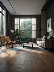 Photorealistic 3D rendering of a modern interior room design.