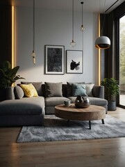 Photorealistic 3D rendering of a modern interior room design.