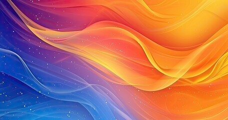 A vibrant abstract design featuring flowing waves of orange, yellow, and blue, evoking a sense of motion and energy.