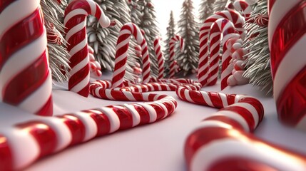 Candy Cane Wonderland A swirling 3D arrangement of candy canes in a festive setting, isolated background 50 keywords