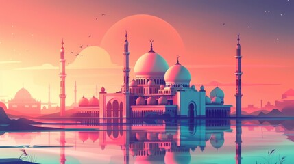 Naklejka premium Illustration of a beautiful mosque with beautiful moonlight AI generated image