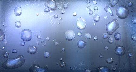 Rain water drop on glass surface. Realistic 3d vector background of window with droplet and steam texture. Grey and blue gradient backdrop with transparent clear liquid bubbles and waterdrops.