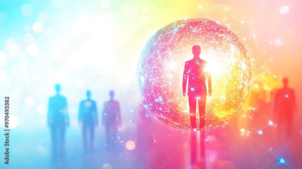 Poster silhouette of a man standing inside a glowing network sphere